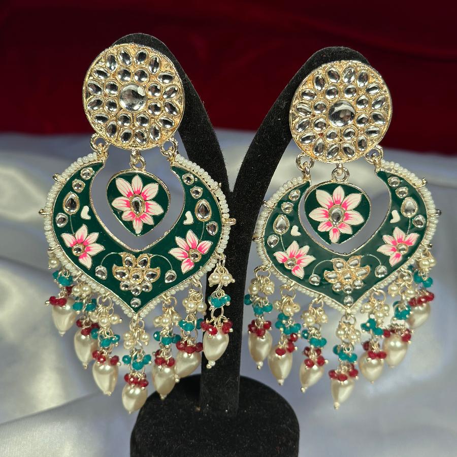 Kundan Floral Enamel Meenakari Long Earrings