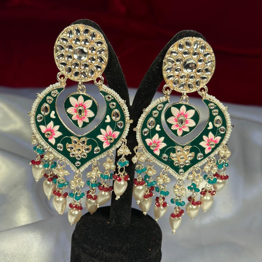 Kundan Floral Enamel Meenakari Long Earrings