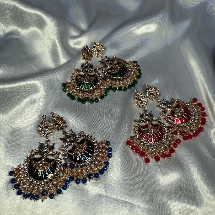 Kundan Ethnic Faux Enamel Earrings Green & Blue