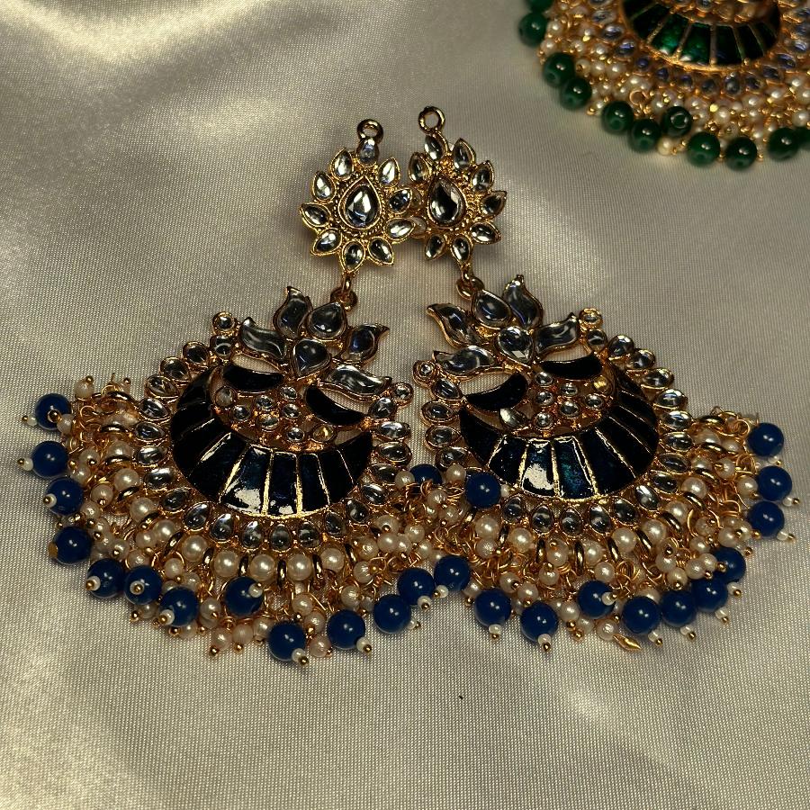 Kundan Ethnic Faux Enamel Earrings Green & Blue