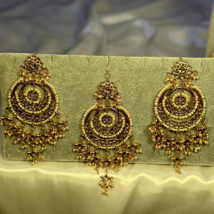 Elegance Kundan Bridal Jewellery Long Necklace and Earrings set Gold and White