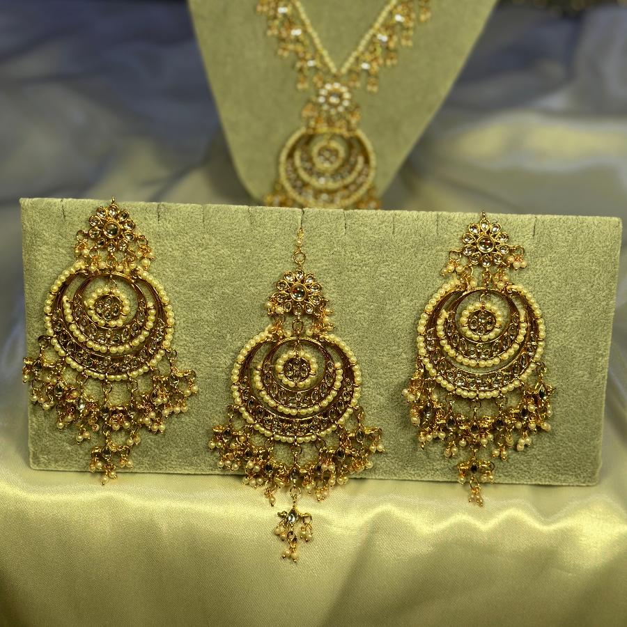 Elegance Kundan Bridal Jewellery Long Necklace and Earrings set Gold and White