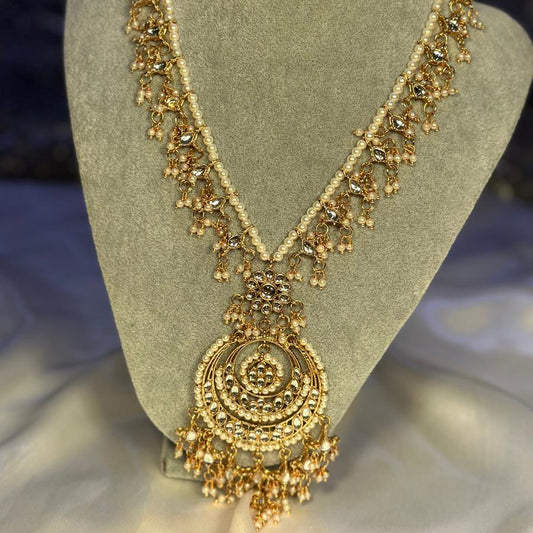 Elegance Kundan Bridal Jewellery Long Necklace and Earrings set Gold and White