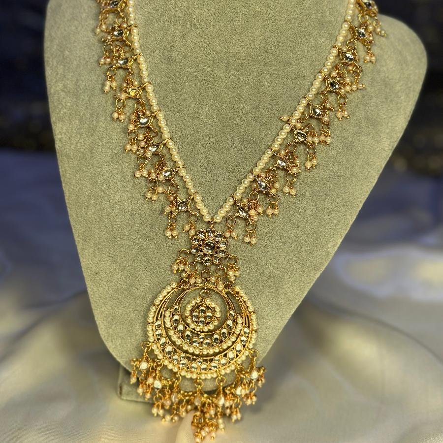 Elegance Kundan Bridal Jewellery Long Necklace and Earrings set Gold and White