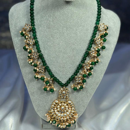 Kundan Bridal Jewellery Long Necklace Emerald Beads set Green color