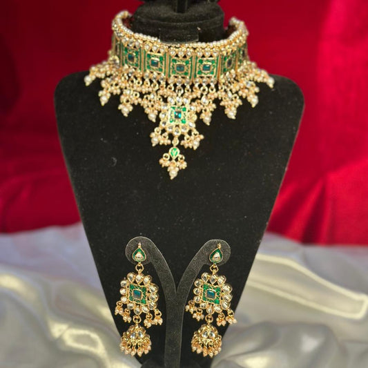 Kundan Jewellery Necklace With Jhumka Green color