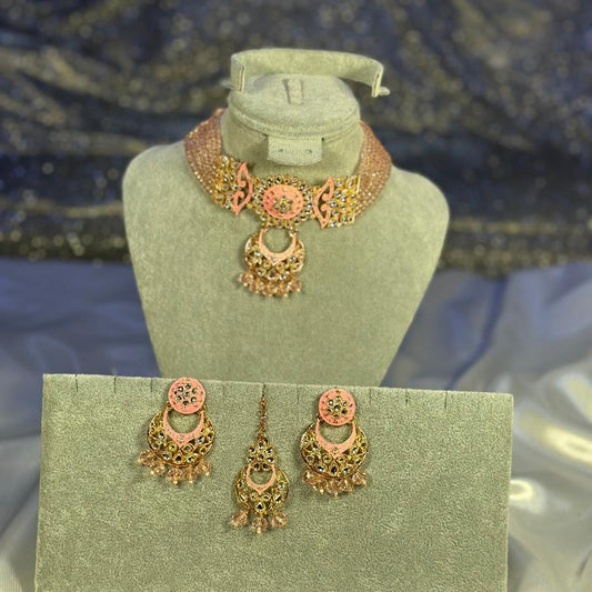 Kundan Necklace Tea-Pink Set