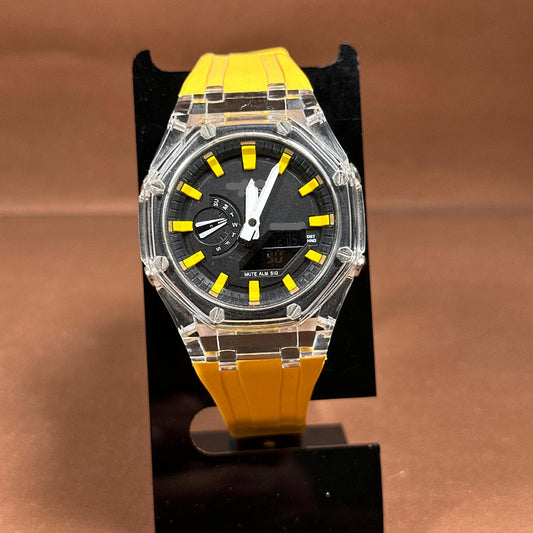 Sport Digital-Analog Watch with Transparent Bezel Available in Yellow, Off White and Blue Strap