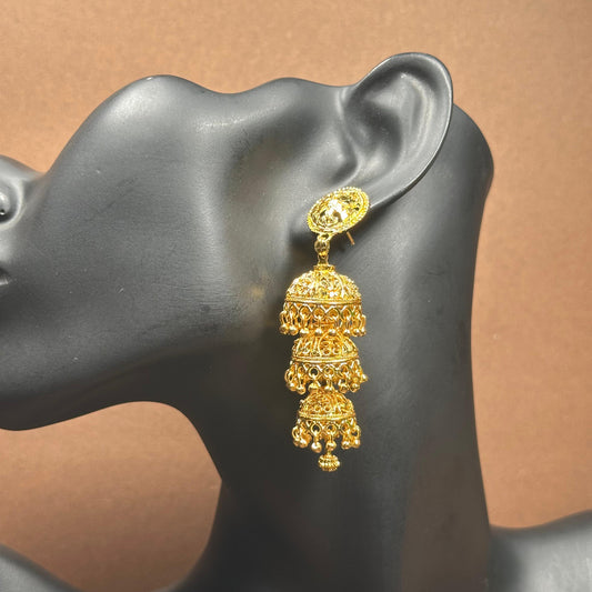 Statement Gold Plated 3 Jhumki Earrings – Party Wear
